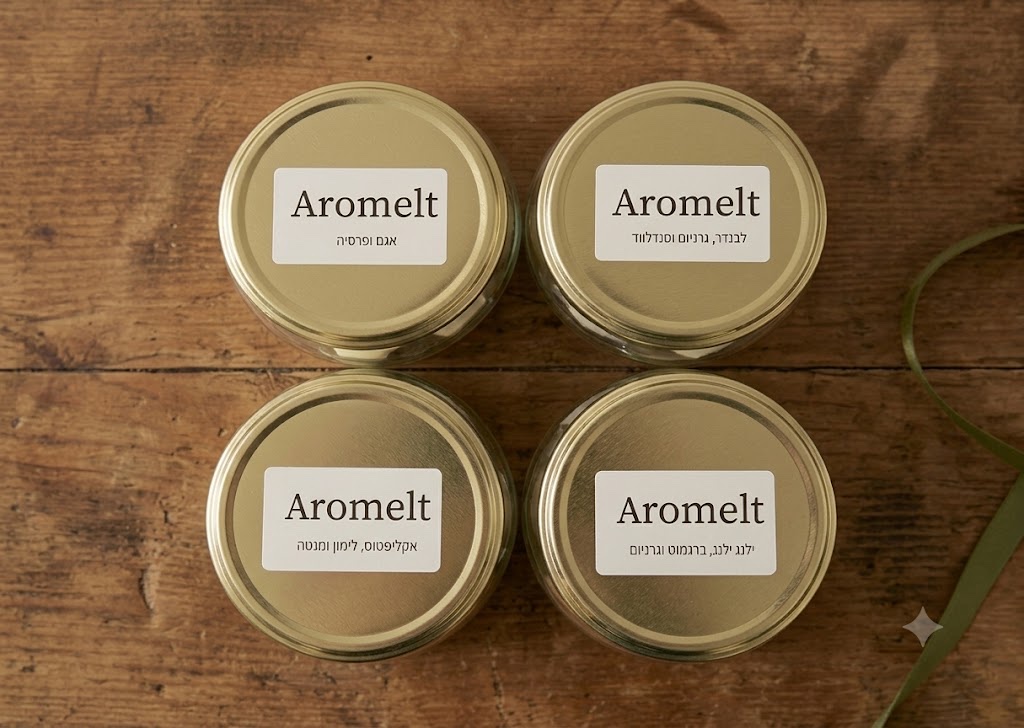 4 צנצנות פליז Aromelt — אגס ופרסיה, לבנדר, אקליפטוס, ילנג ילנג